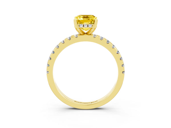 Yellow gold Emerald Cut Yellow Sapphire Solitaire Ring with Round  Pavé Band and Four-Prong Setting
