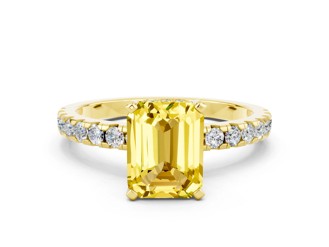 Yellow gold Emerald Cut Yellow Sapphire Solitaire Ring with Round  Pavé Band and Four-Prong Setting_36