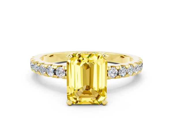 Yellow gold Emerald Cut Yellow Sapphire Solitaire Ring with Round Pavé Band and Four-Prong Setting