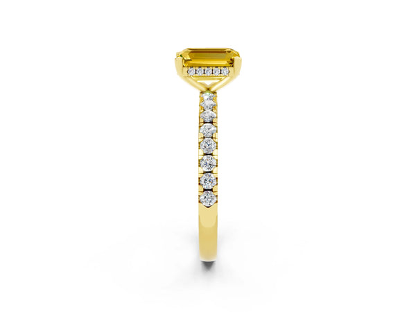 Yellow gold Emerald Cut Yellow Sapphire Solitaire Ring with Round Pavé Band and Four-Prong Setting