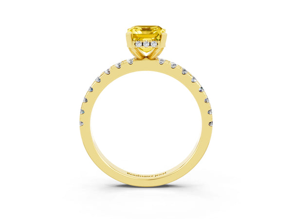 Yellow gold Emerald Cut Yellow Sapphire Solitaire Ring with Round Pavé Band and Four-Prong Setting