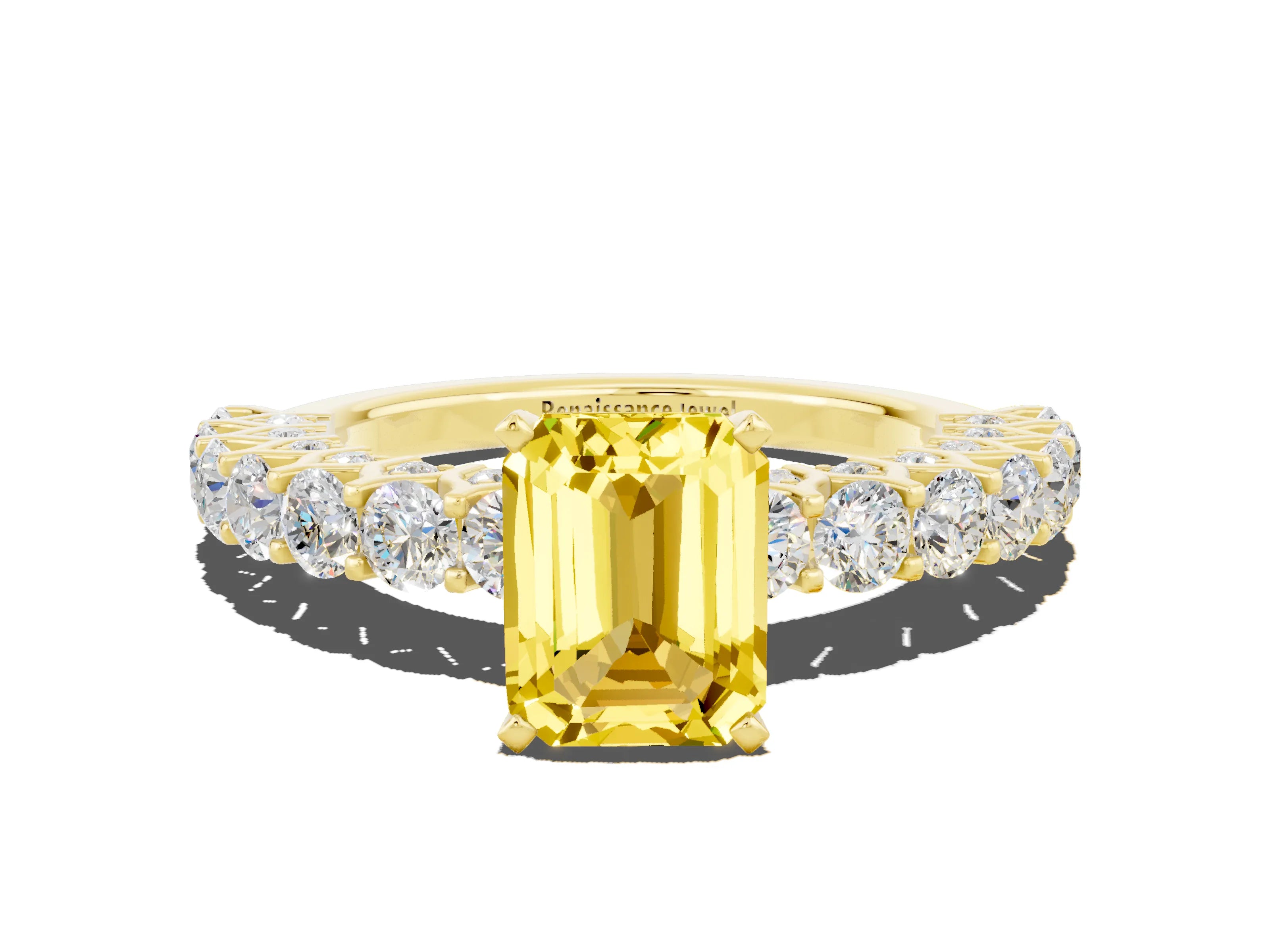 Yellow gold Emerald Cut Yellow Sapphire Solitaire Ring with Shared Prong Pavé Band and Four-Prong Setting