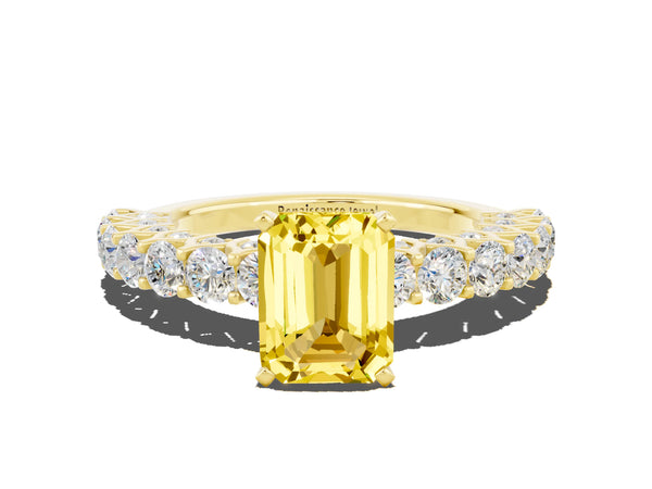 Yellow gold Emerald Cut Yellow Sapphire Solitaire Ring with Shared Prong Pavé Band and Four-Prong Setting