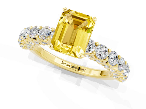 Yellow gold Emerald Cut Yellow Sapphire Solitaire Ring with Shared Prong Pavé Band and Four-Prong Setting_1