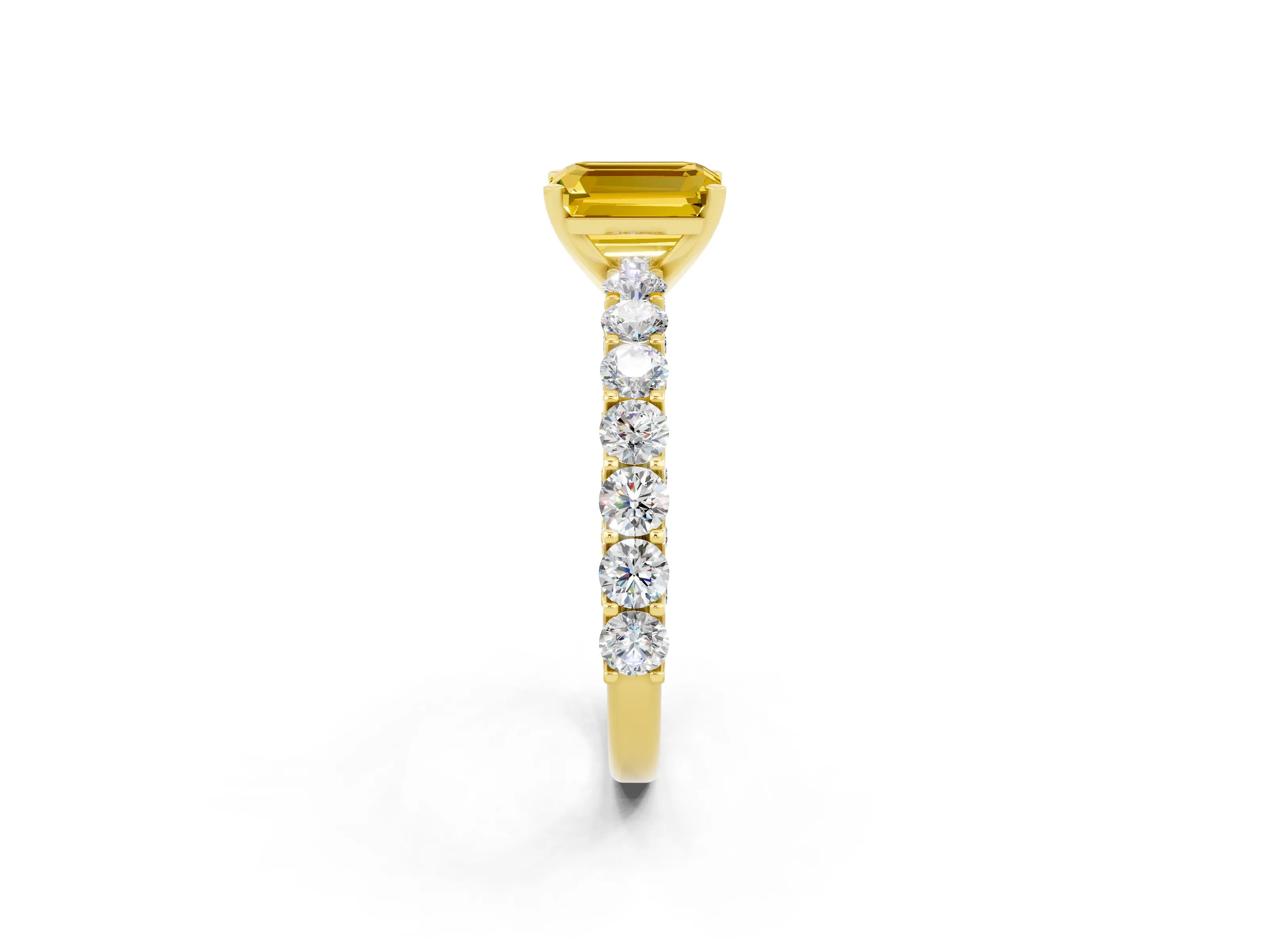Yellow gold Emerald Cut Yellow Sapphire Solitaire Ring with Shared Prong Pavé Band and Four-Prong Setting_2