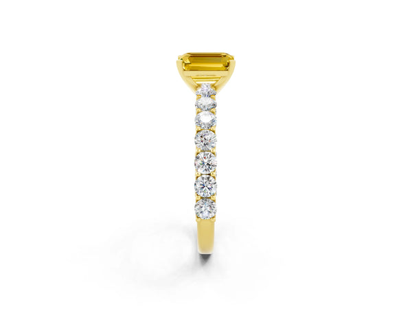 Yellow gold Emerald Cut Yellow Sapphire Solitaire Ring with Shared Prong Pavé Band and Four-Prong Setting