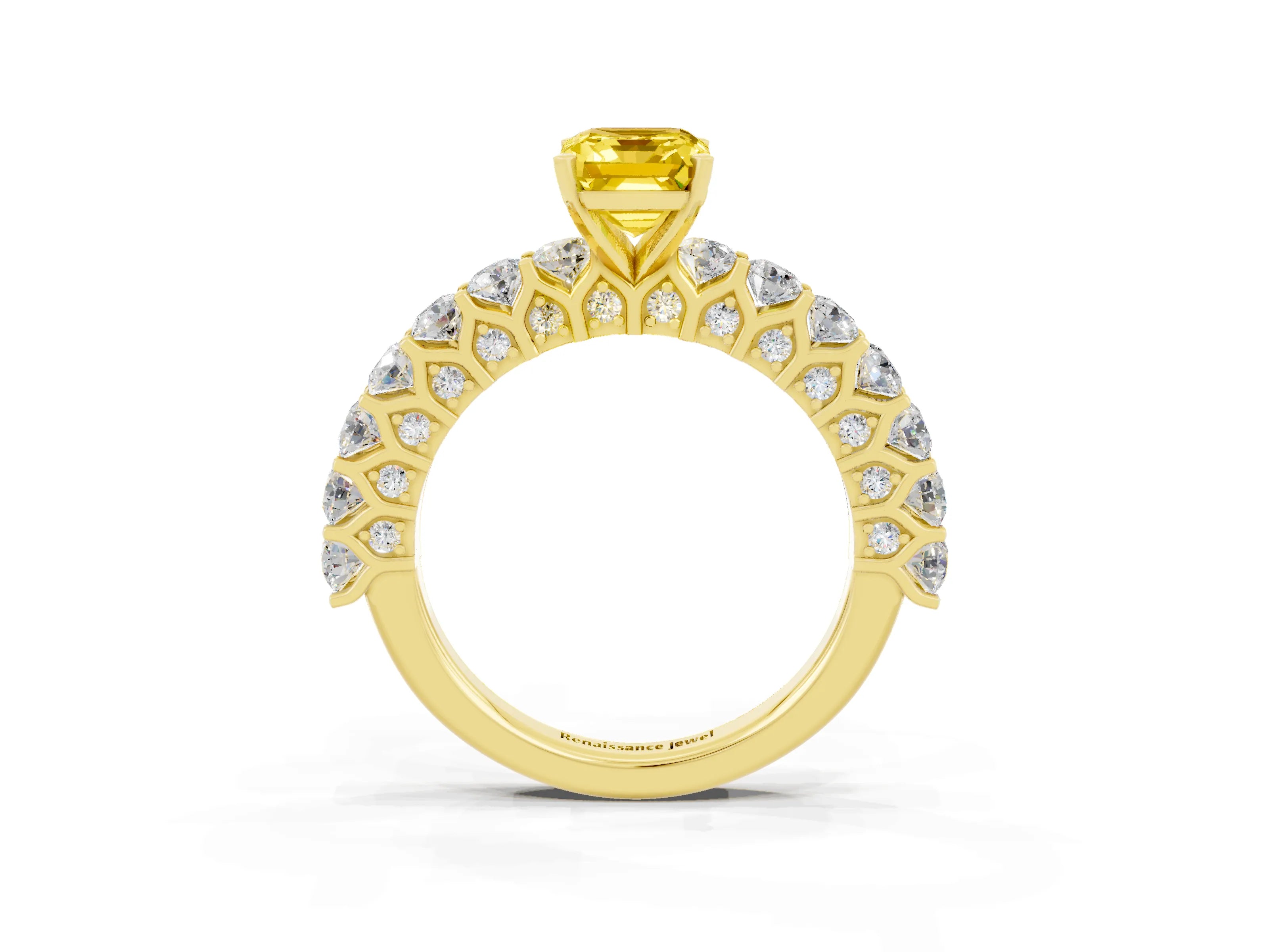 Yellow gold Emerald Cut Yellow Sapphire Solitaire Ring with Shared Prong Pavé Band and Four-Prong Setting_3