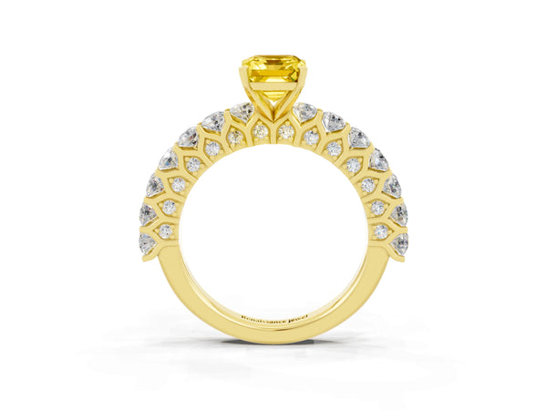 Yellow gold Emerald Cut Yellow Sapphire Solitaire Ring with Shared Prong Pavé Band and Four-Prong Setting
