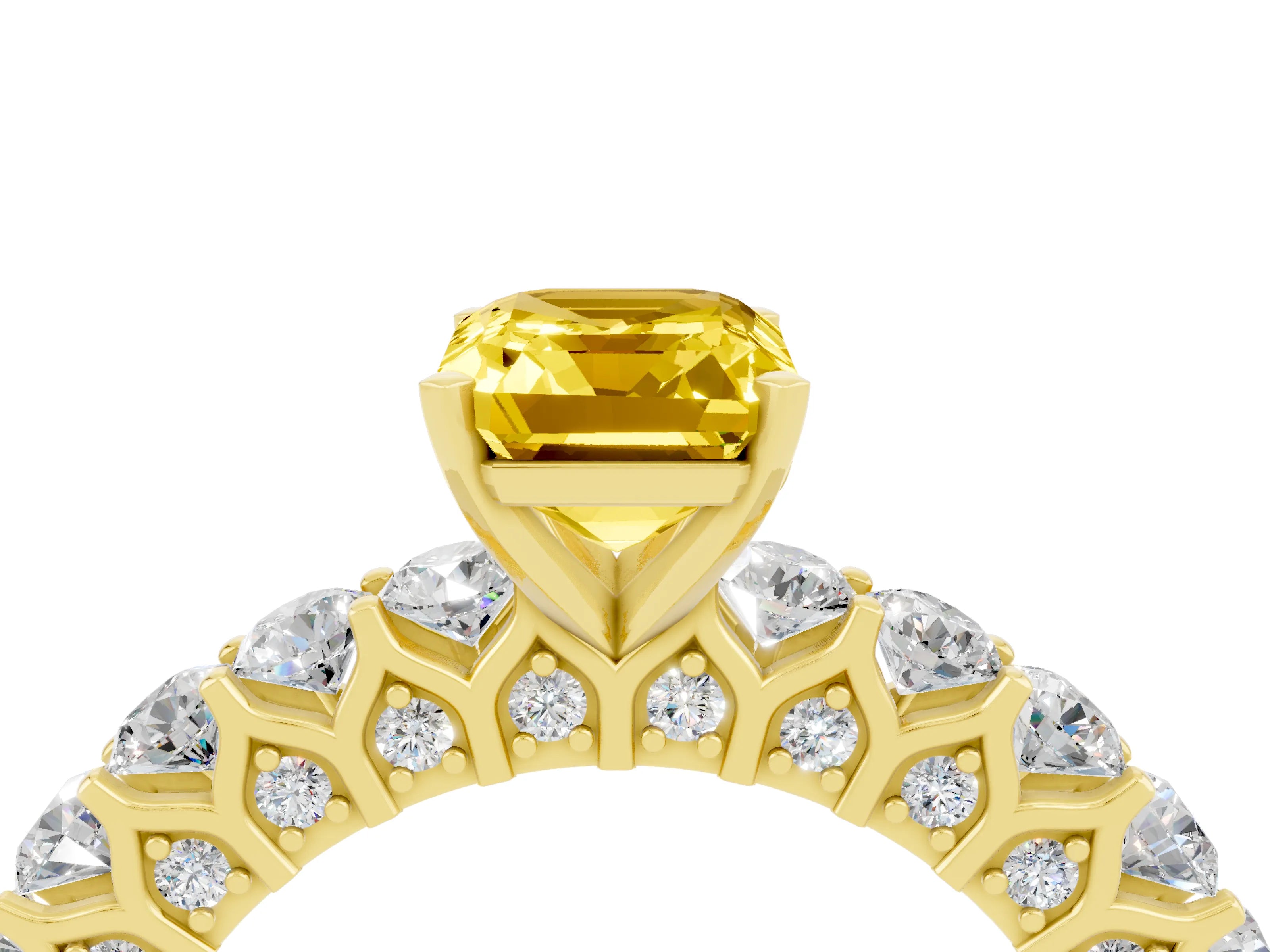 Yellow gold Emerald Cut Yellow Sapphire Solitaire Ring with Shared Prong Pavé Band and Four-Prong Setting_4