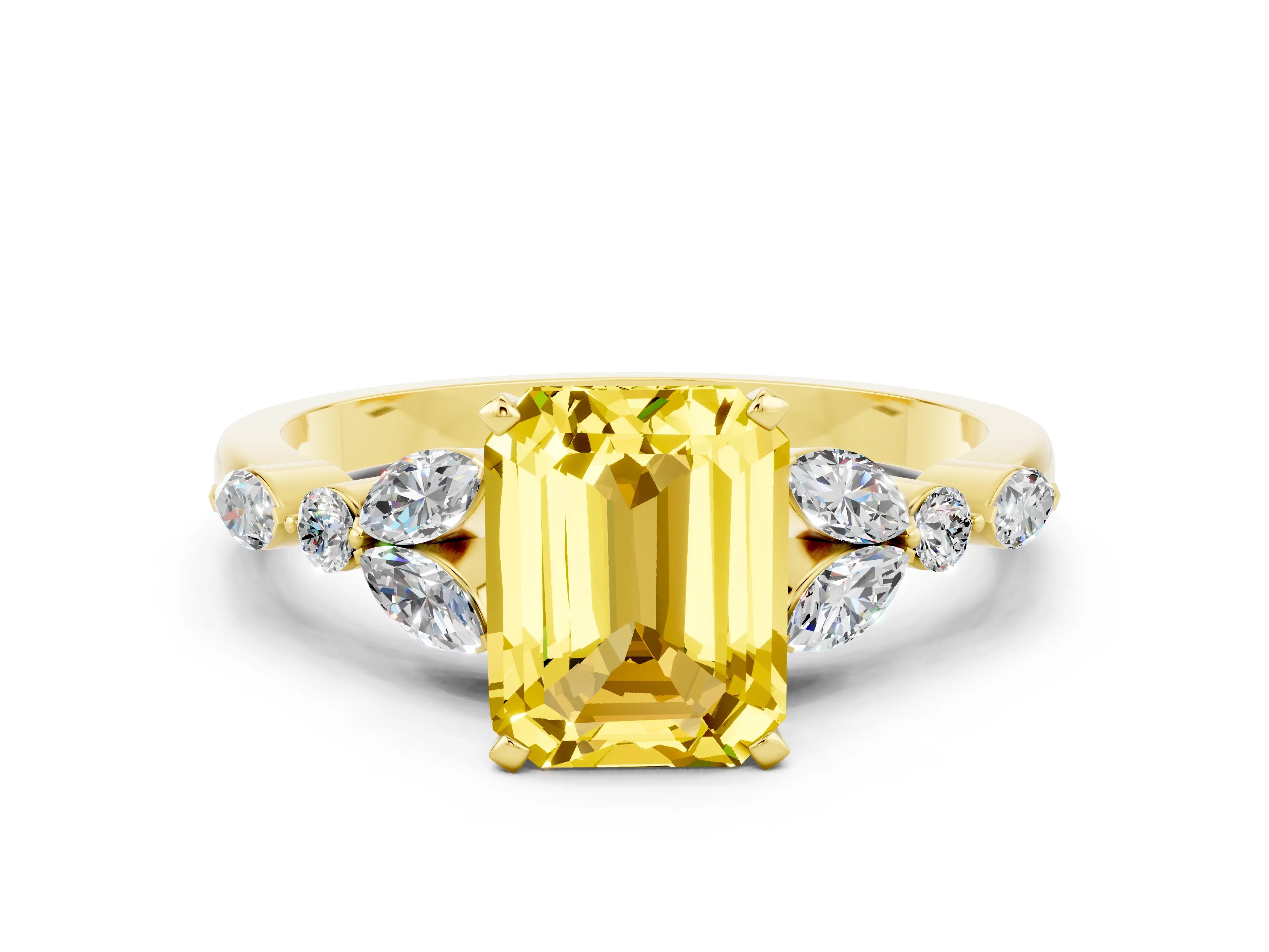Yellow gold Emerald Cut Yellow Sapphire Solitaire Ring with Side Stones and Four-Prong Setting_12