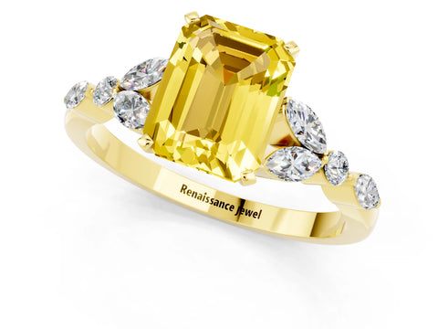 Yellow gold Emerald Cut Yellow Sapphire Solitaire Ring with Side Stones and Four-Prong Setting_13
