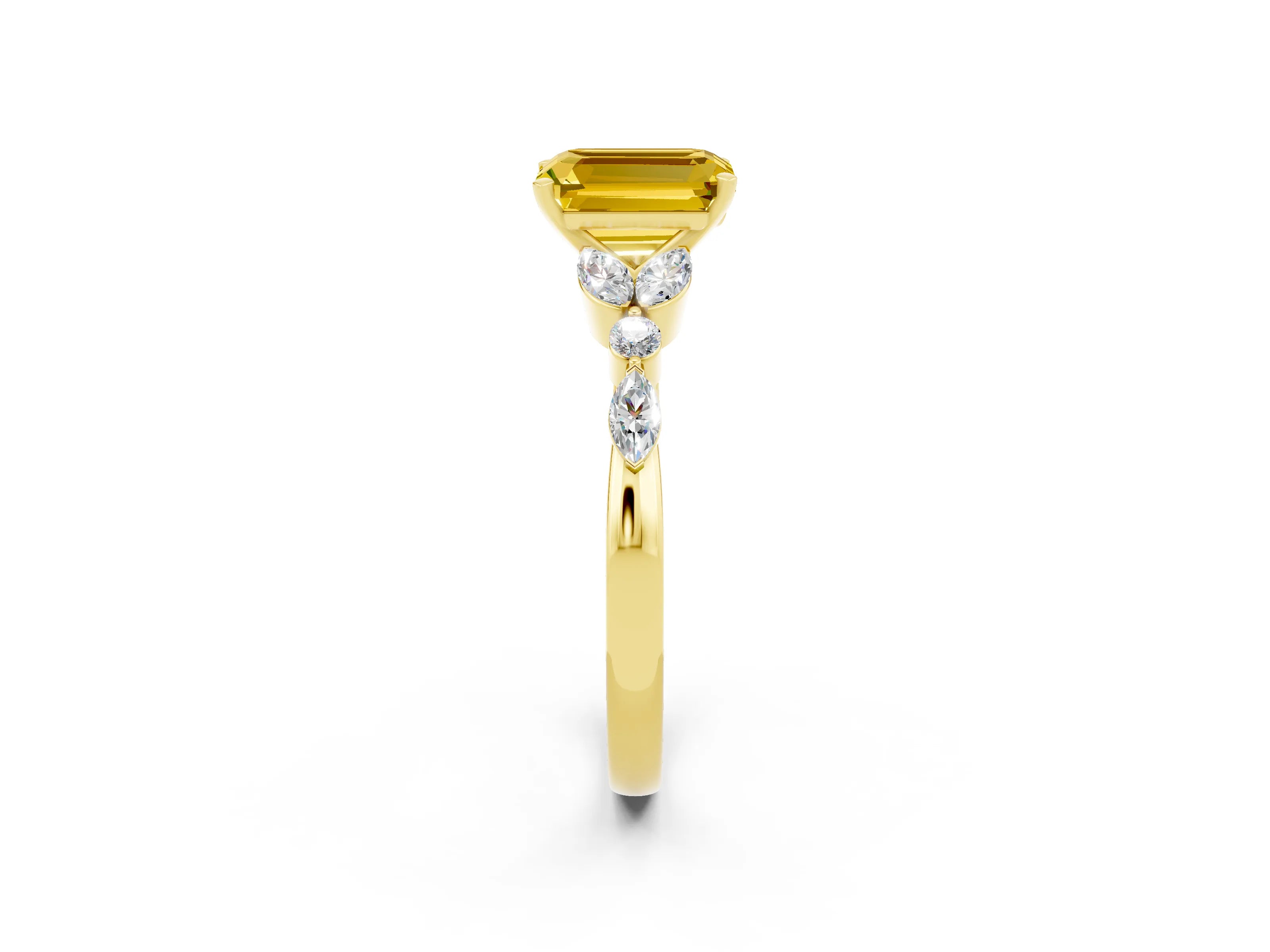 Yellow gold Emerald Cut Yellow Sapphire Solitaire Ring with Side Stones and Four-Prong Setting_14