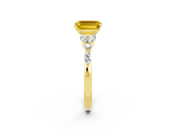 Yellow gold Emerald Cut Yellow Sapphire Solitaire Ring with Side Stones and Four-Prong Setting