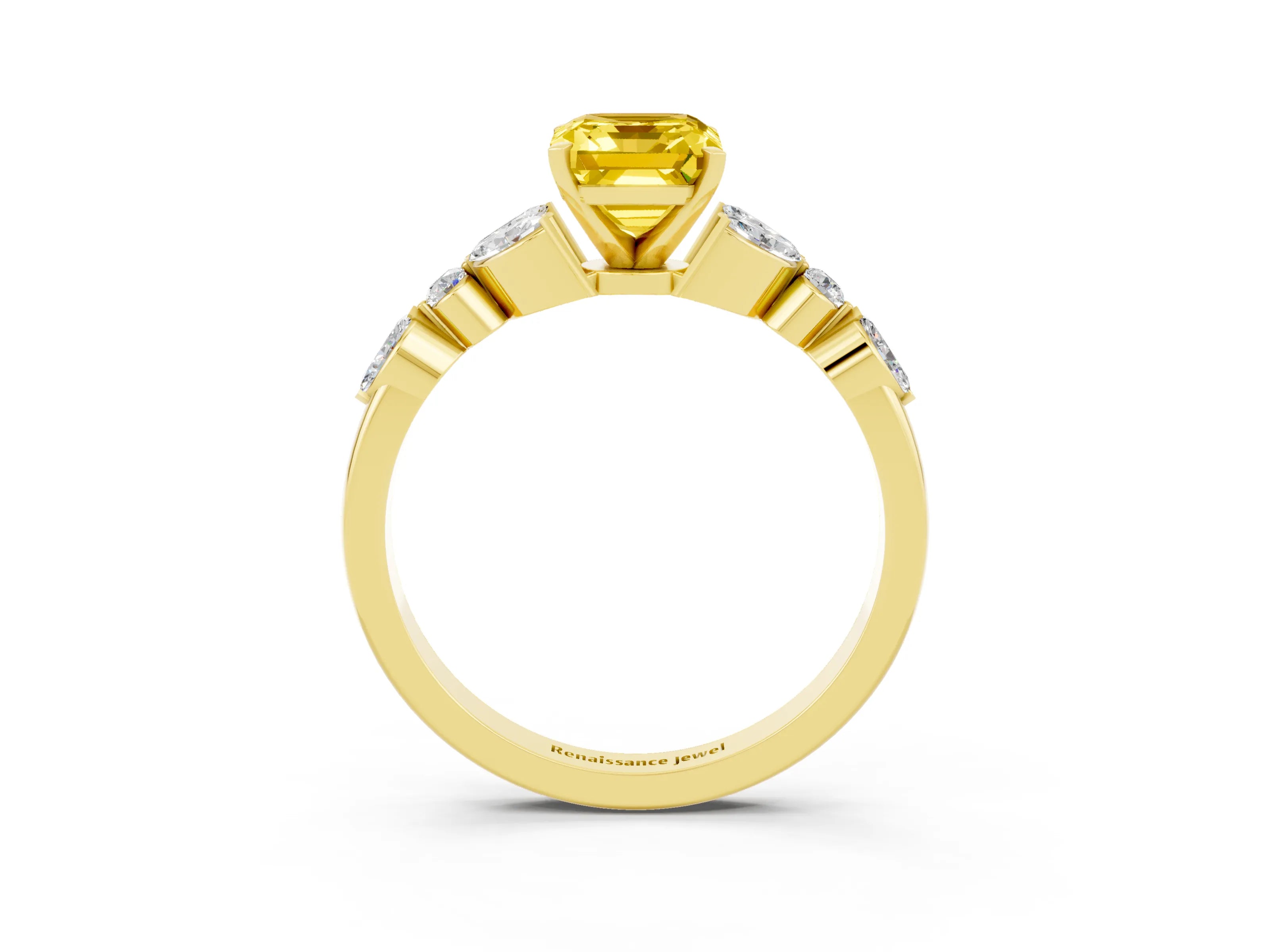 Yellow gold Emerald Cut Yellow Sapphire Solitaire Ring with Side Stones and Four-Prong Setting_15