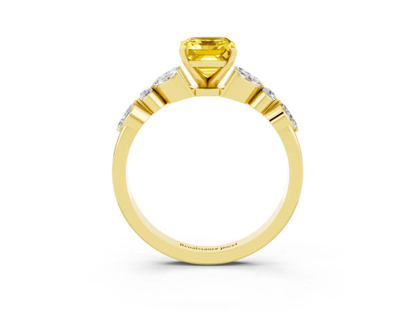 Yellow gold Emerald Cut Yellow Sapphire Solitaire Ring with Side Stones and Four-Prong Setting