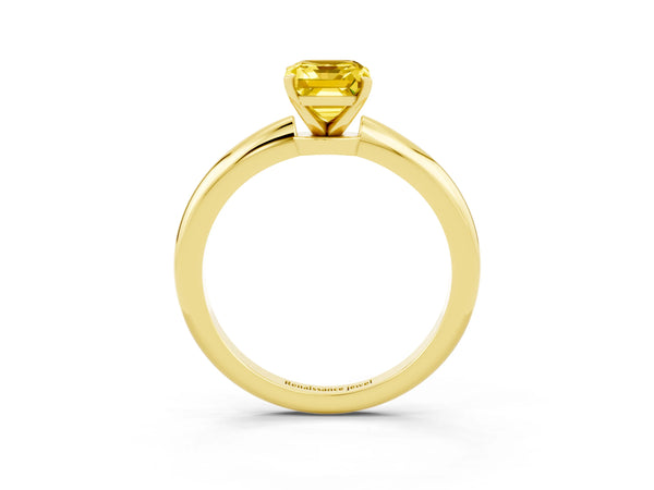 Yellow gold Emerald Cut Yellow Sapphire Solitaire Ring with Six-Prong Setting and Classic Band