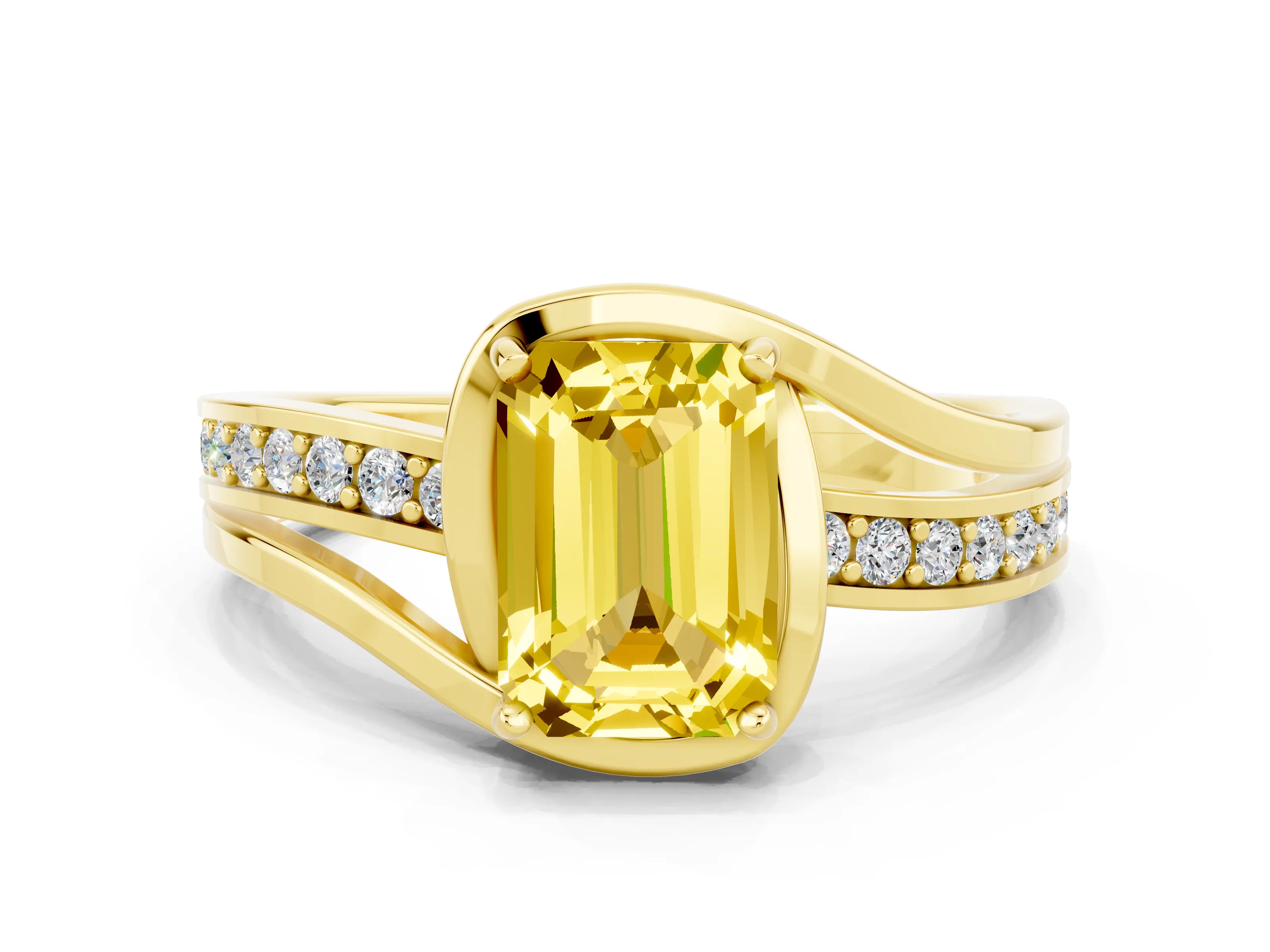 Yellow gold Emerald Cut Yellow Sapphire Solitaire Ring with Split Shank and Prong Setting