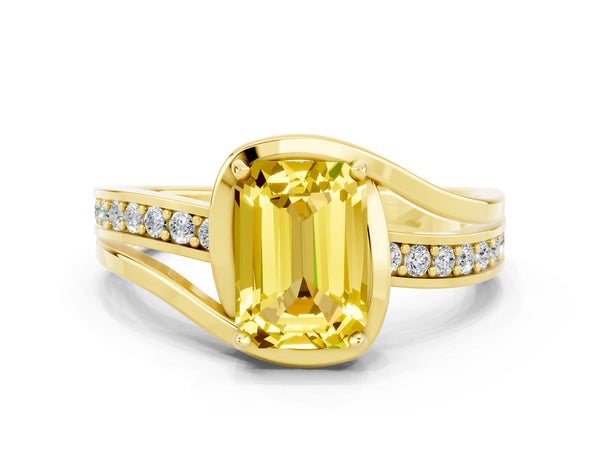 Yellow gold Emerald Cut Yellow Sapphire Solitaire Ring with Split Shank and Prong Setting