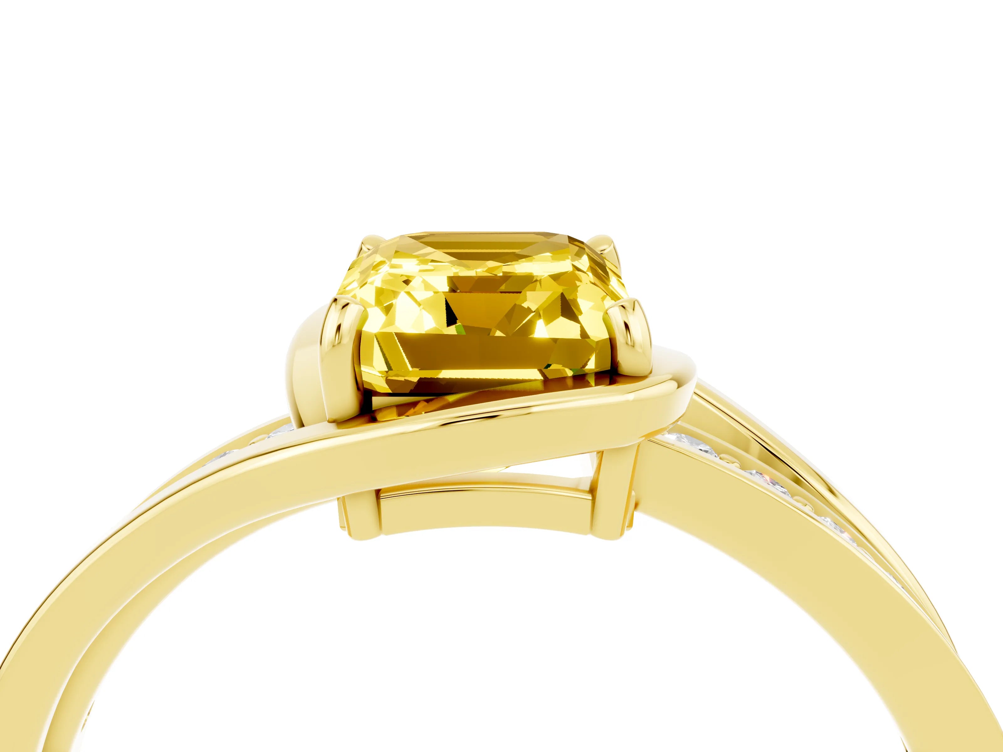 Yellow gold Emerald Cut Yellow Sapphire Solitaire Ring with Split Shank and Prong Setting_4