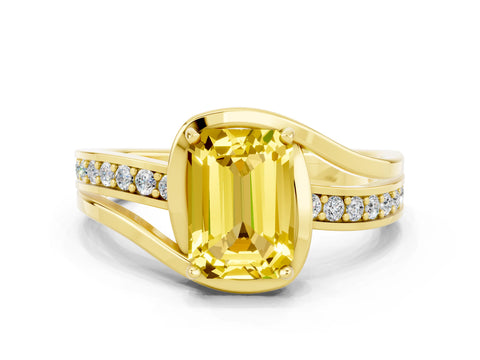 Yellow gold Emerald Cut Yellow Sapphire Solitaire Ring with Split Shank and Prong Setting