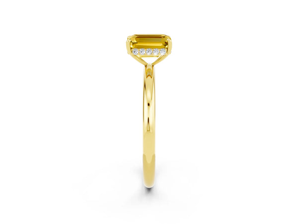 Yellow gold Emerald Cut Yellow Sapphire Solitaire Ring with Thin Band and Four-Prong Setting