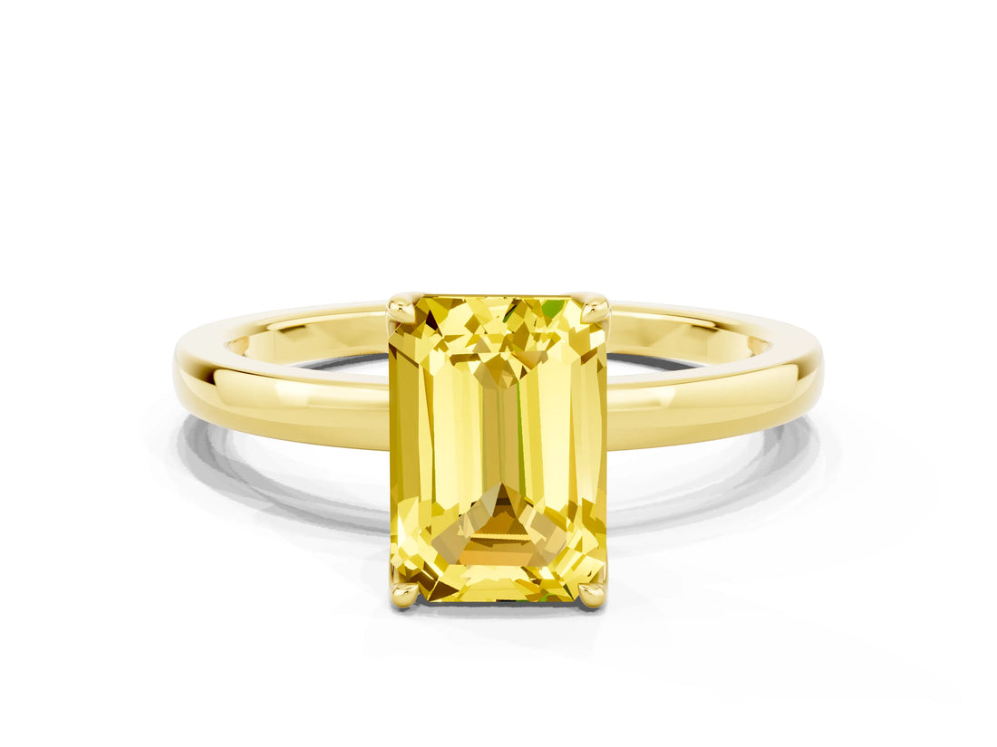 Yellow gold Emerald Cut Yellow Sapphire Solitaire Ring with Thin Band and Prong Setting_12