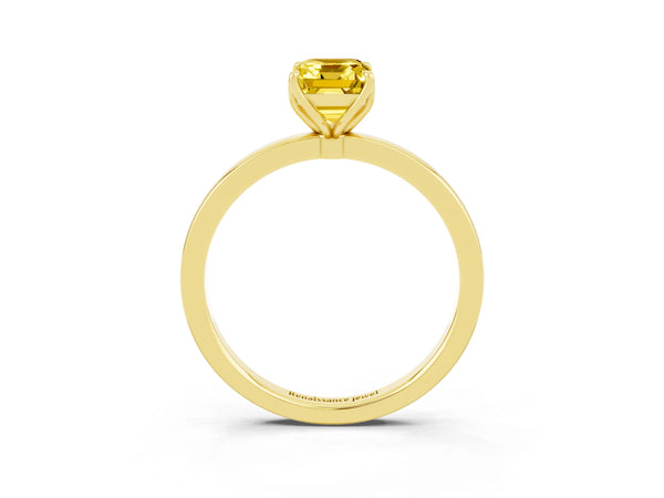 Yellow gold Emerald Cut Yellow Sapphire Solitaire Ring with Thin Band and Prong Setting