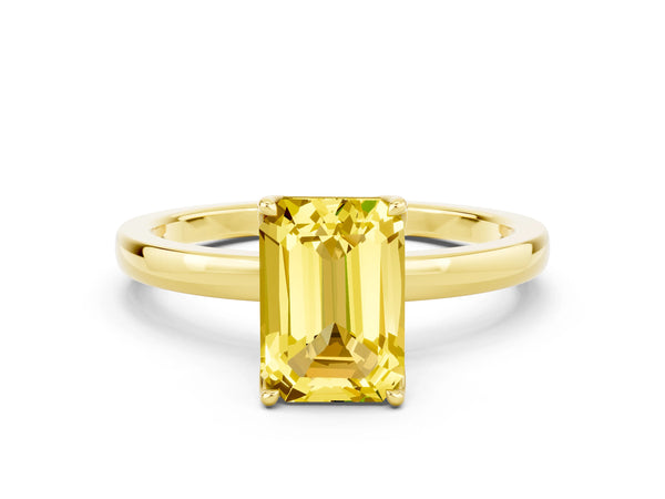 Yellow gold Emerald Cut Yellow Sapphire Solitaire Ring with Thin Band and Prong Setting