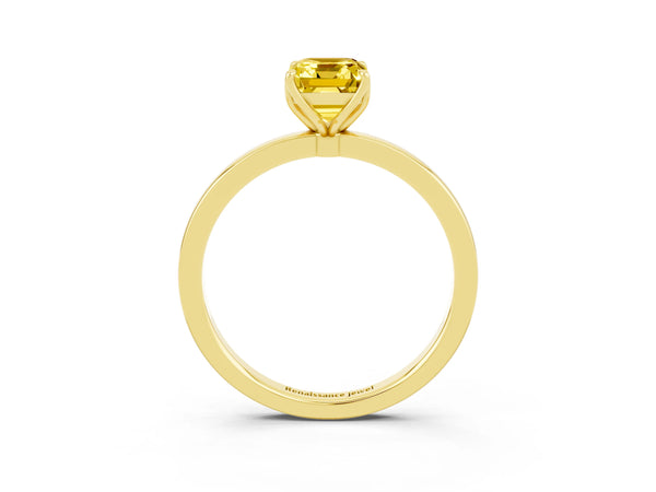 Yellow gold Emerald Cut Yellow Sapphire Solitaire Ring with Thin Band and Prong Setting