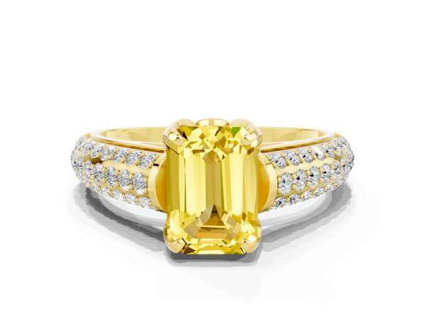 Yellow gold Emerald Cut Yellow Sapphire Solitaire Ring with Three-Row Pavé Band and Four-Prong Setting