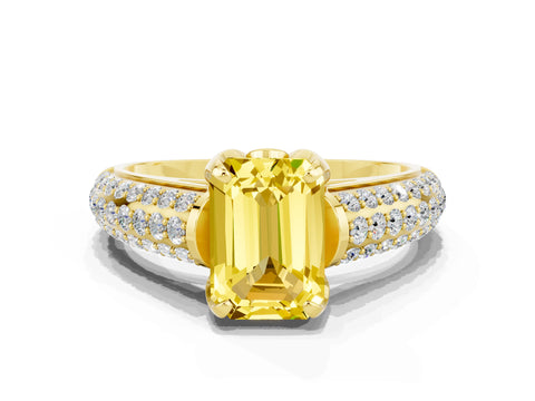 Yellow gold Emerald Cut Yellow Sapphire Solitaire Ring with Three-Row Pavé Band and Four-Prong Setting_12