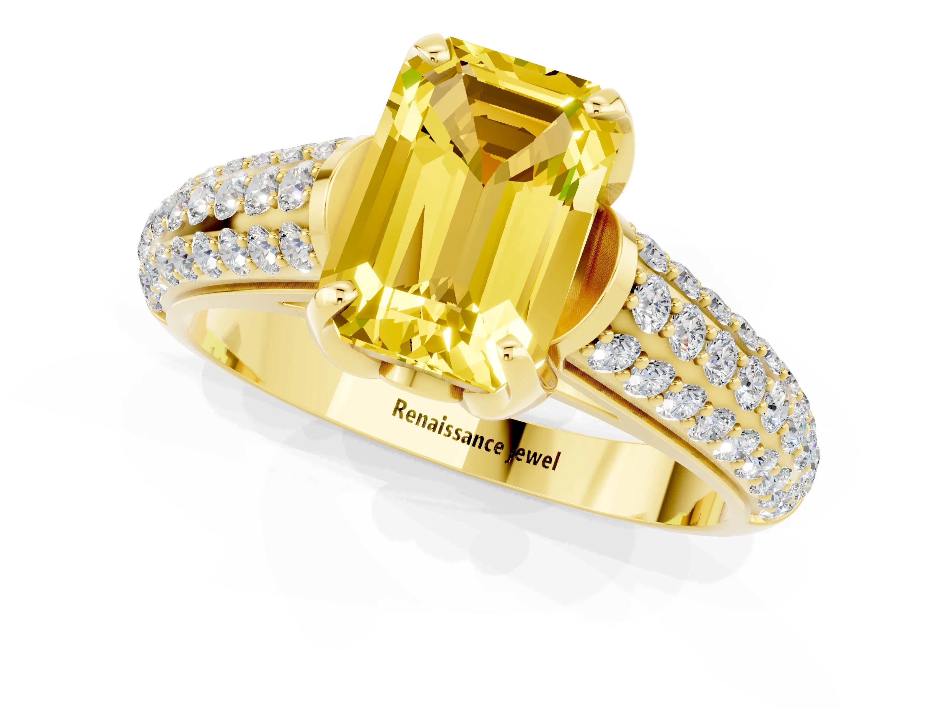 Yellow gold Emerald Cut Yellow Sapphire Solitaire Ring with Three-Row Pavé Band and Four-Prong Setting_13