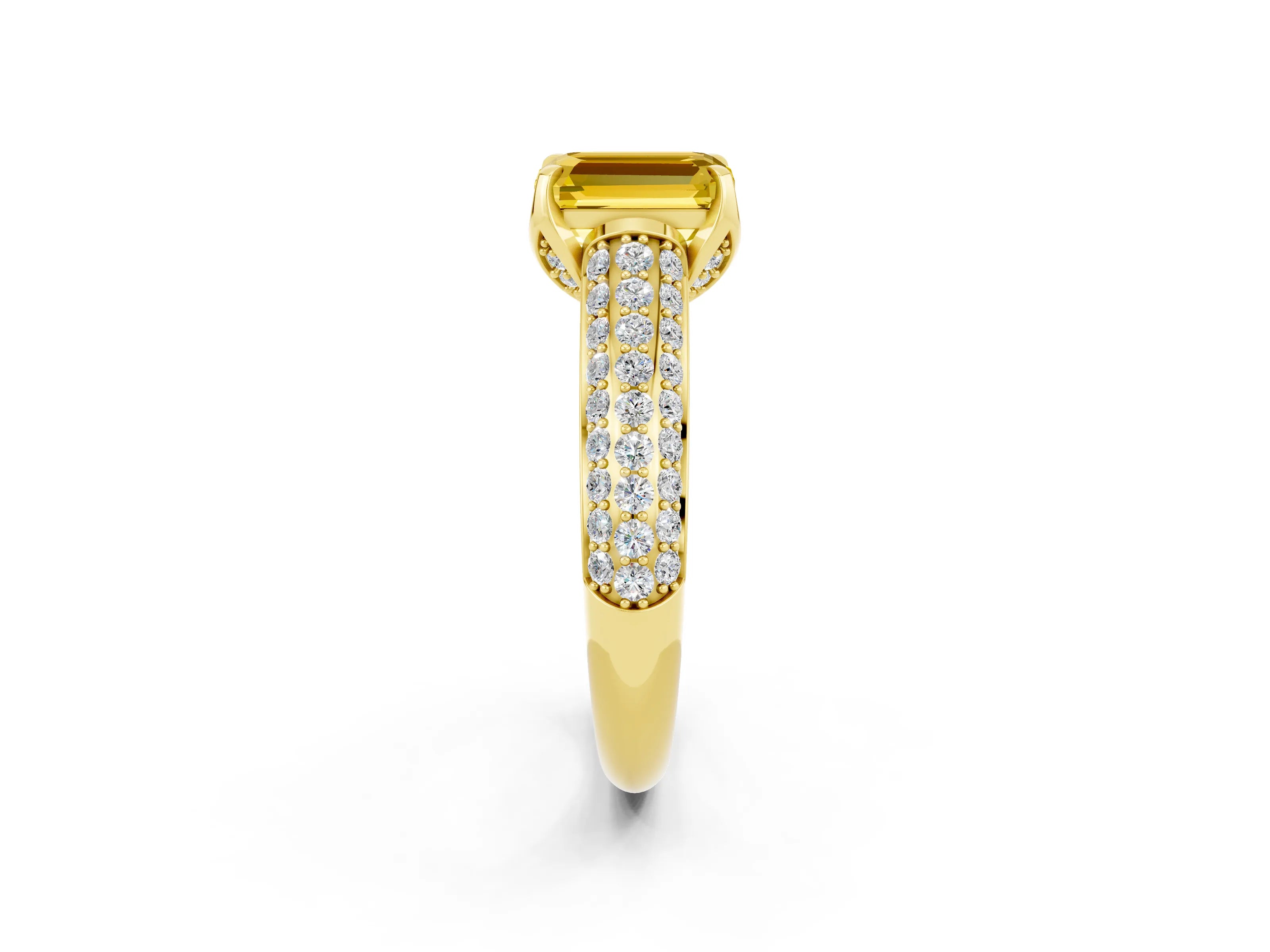 Yellow gold Emerald Cut Yellow Sapphire Solitaire Ring with Three-Row Pavé Band and Four-Prong Setting_14