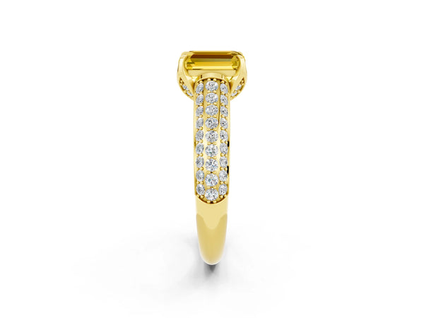 Yellow gold Emerald Cut Yellow Sapphire Solitaire Ring with Three-Row Pavé Band and Four-Prong Setting