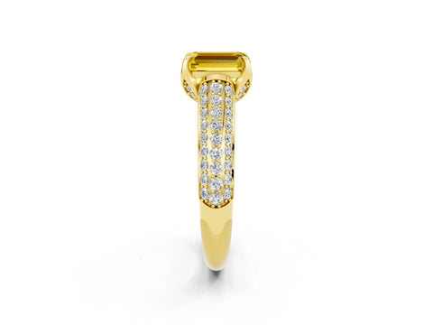 Yellow gold Emerald Cut Yellow Sapphire Solitaire Ring with Three-Row Pavé Band and Four-Prong Setting_14