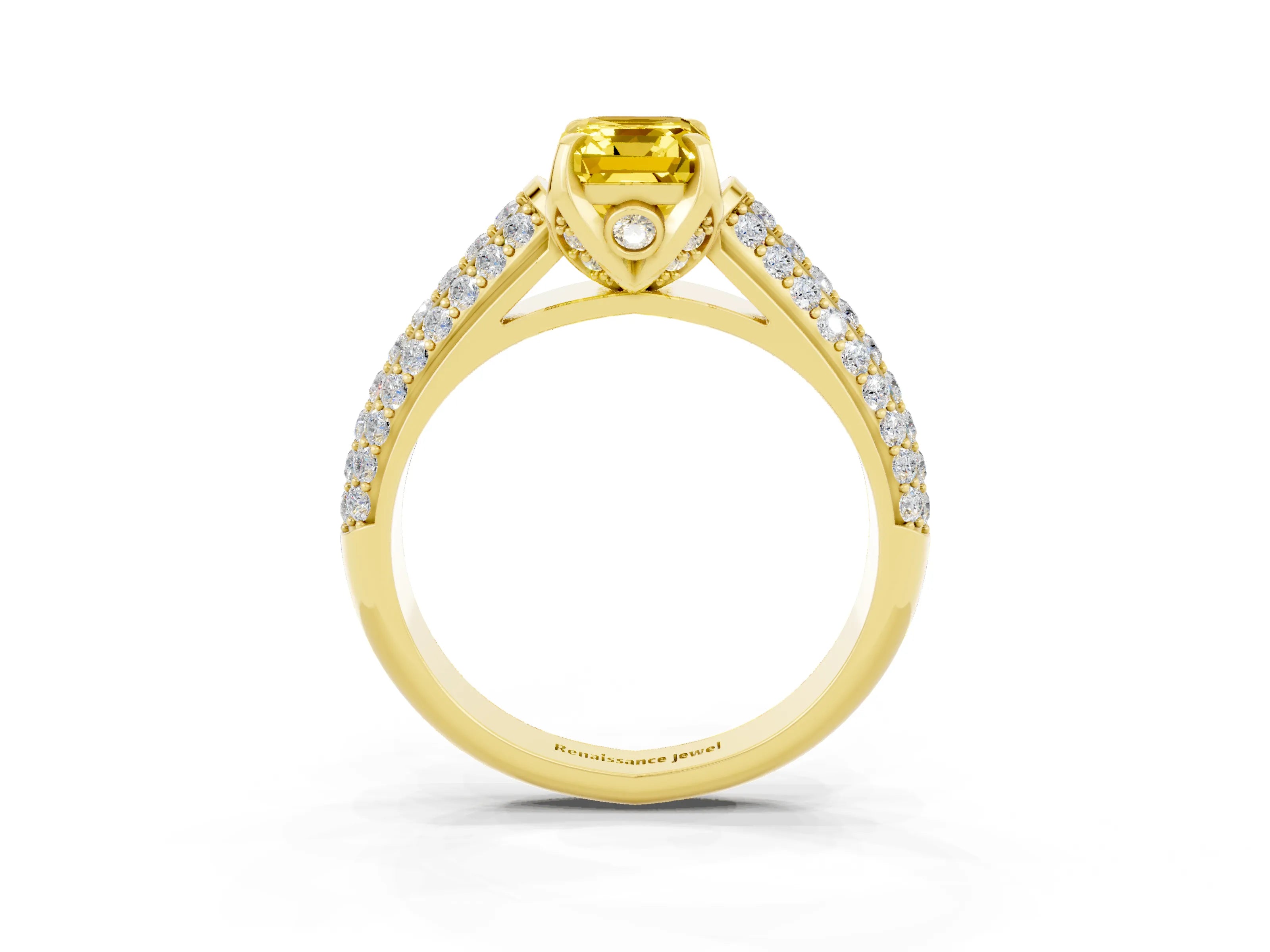 Yellow gold Emerald Cut Yellow Sapphire Solitaire Ring with Three-Row Pavé Band and Four-Prong Setting_15