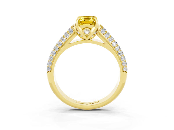 Yellow gold Emerald Cut Yellow Sapphire Solitaire Ring with Three-Row Pavé Band and Four-Prong Setting
