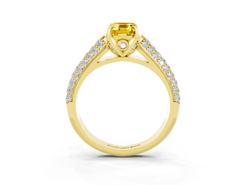 Yellow gold Emerald Cut Yellow Sapphire Solitaire Ring with Three-Row Pavé Band and Four-Prong Setting_15