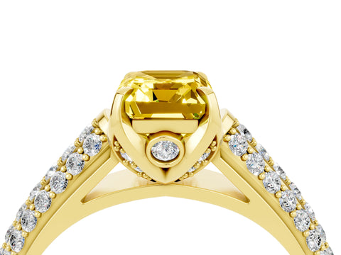 Yellow gold Emerald Cut Yellow Sapphire Solitaire Ring with Three-Row Pavé Band and Four-Prong Setting_16
