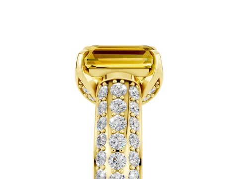 Yellow gold Emerald Cut Yellow Sapphire Solitaire Ring with Three-Row Pavé Band and Four-Prong Setting_17