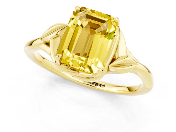 Yellow gold Emerald Cut Yellow Sapphire Solitaire Ring with Twist Band and Four-Prong Setting