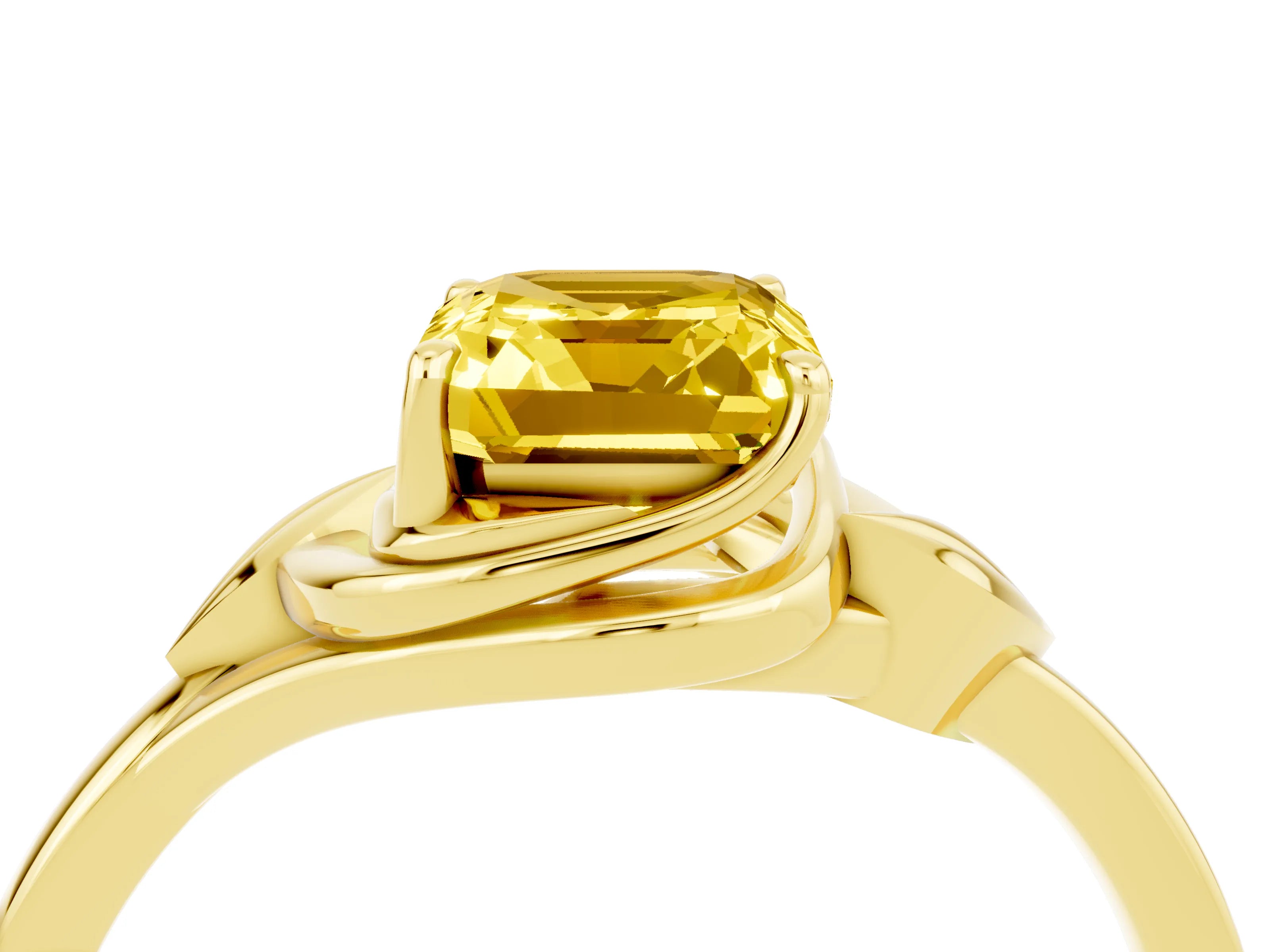 Yellow gold Emerald Cut Yellow Sapphire Solitaire Ring with Twist Band and Four-Prong Setting_28