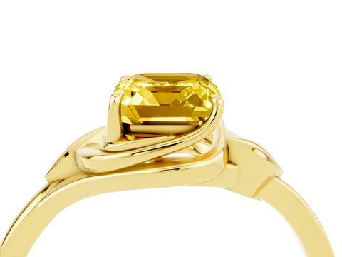 Yellow gold Emerald Cut Yellow Sapphire Solitaire Ring with Twist Band and Four-Prong Setting_28