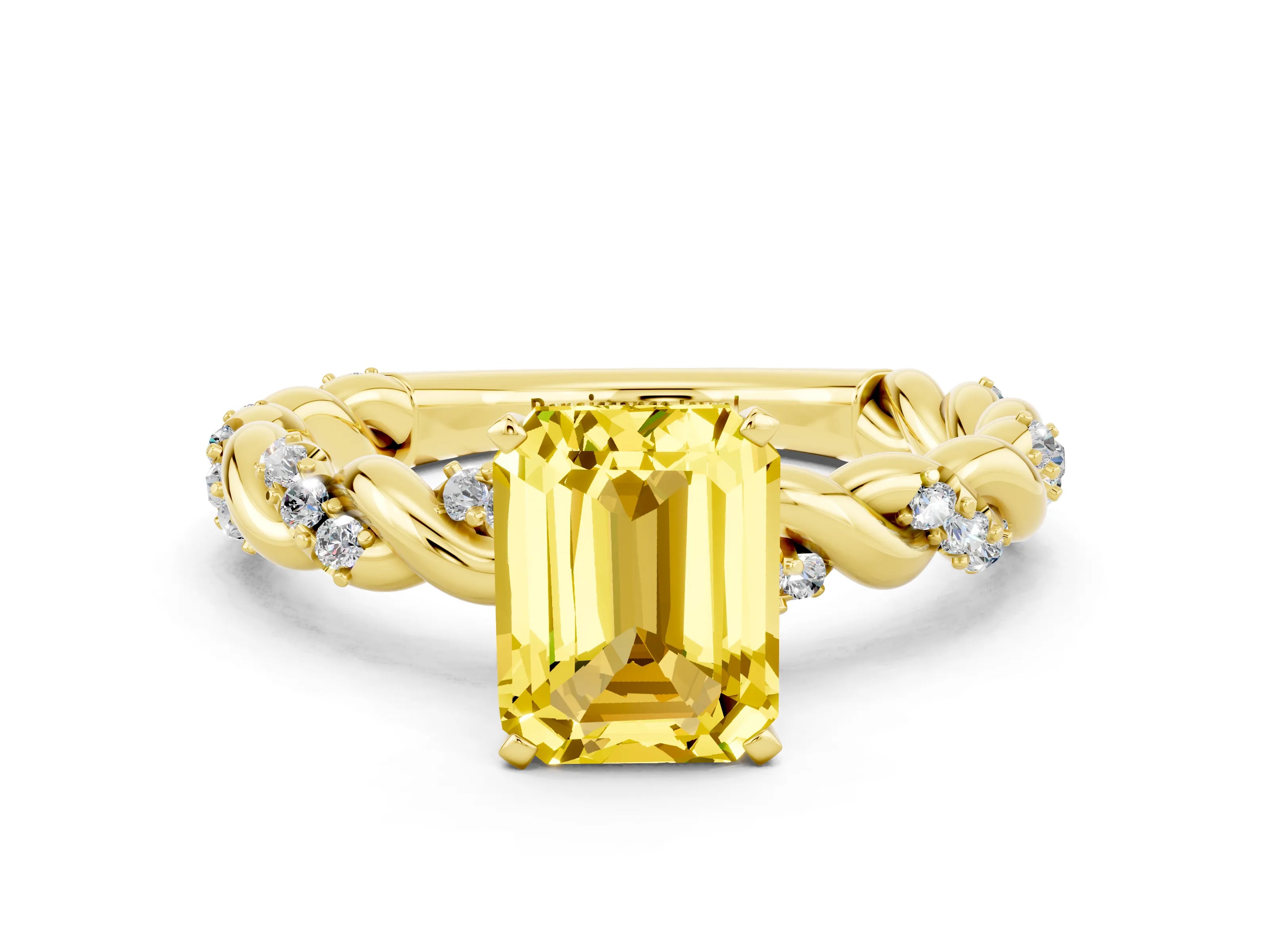 Yellow gold Emerald Cut Yellow Sapphire Solitaire Ring with Twisted Band and Pavé Accents