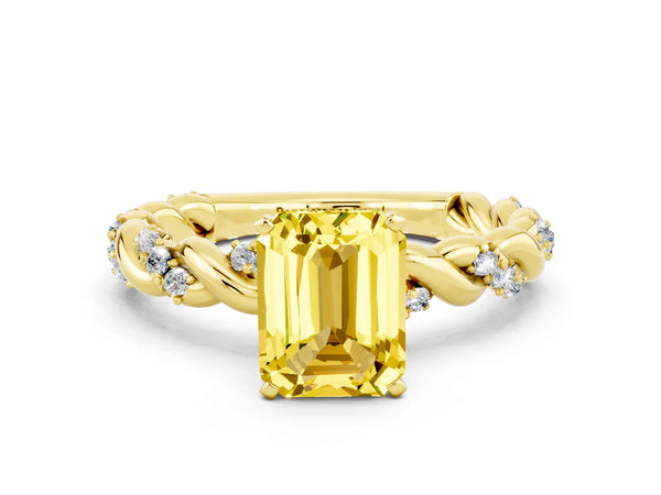 Yellow gold Emerald Cut Yellow Sapphire Solitaire Ring with Twisted Band and Pavé Accents