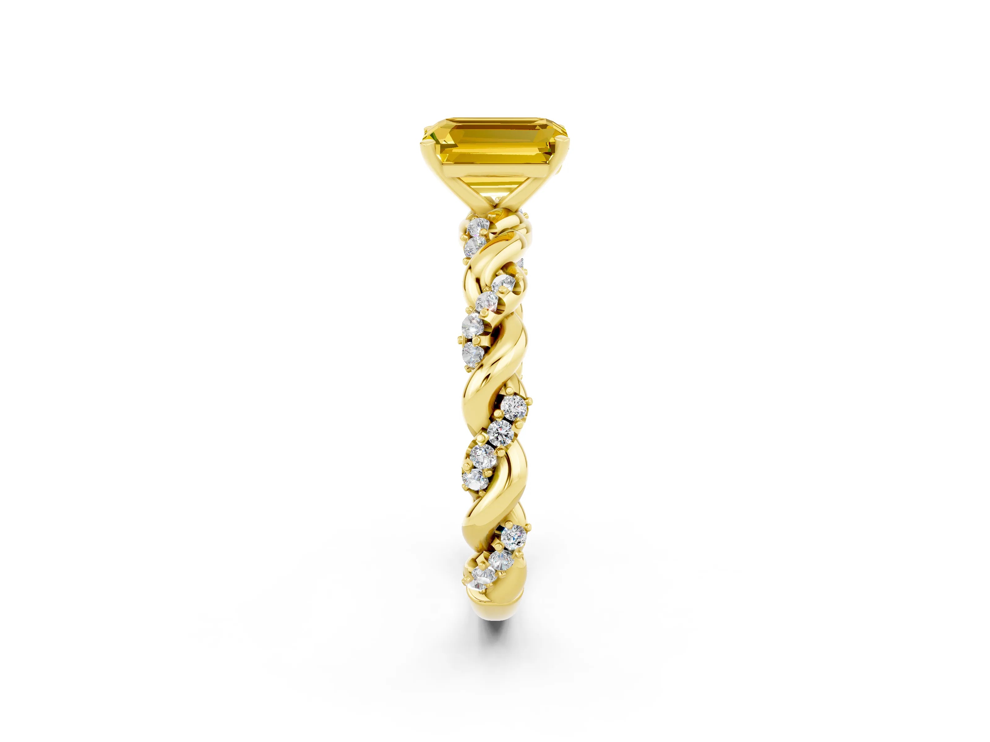 Yellow gold Emerald Cut Yellow Sapphire Solitaire Ring with Twisted Band and Pavé Accents_2