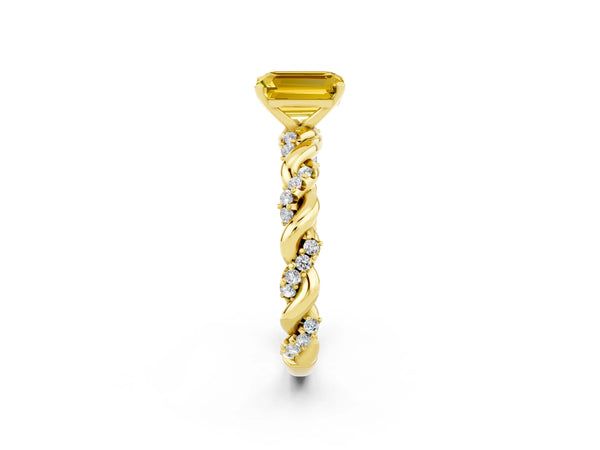Yellow gold Emerald Cut Yellow Sapphire Solitaire Ring with Twisted Band and Pavé Accents