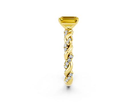 Yellow gold Emerald Cut Yellow Sapphire Solitaire Ring with Twisted Band and Pavé Accents_2
