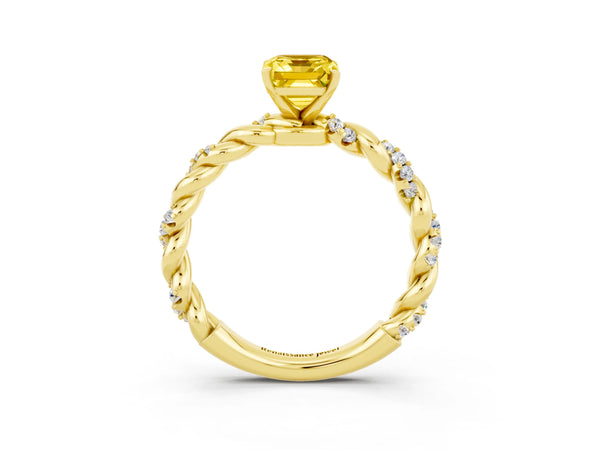 Yellow gold Emerald Cut Yellow Sapphire Solitaire Ring with Twisted Band and Pavé Accents