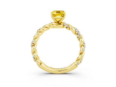 Yellow gold Emerald Cut Yellow Sapphire Solitaire Ring with Twisted Band and Pavé Accents_3